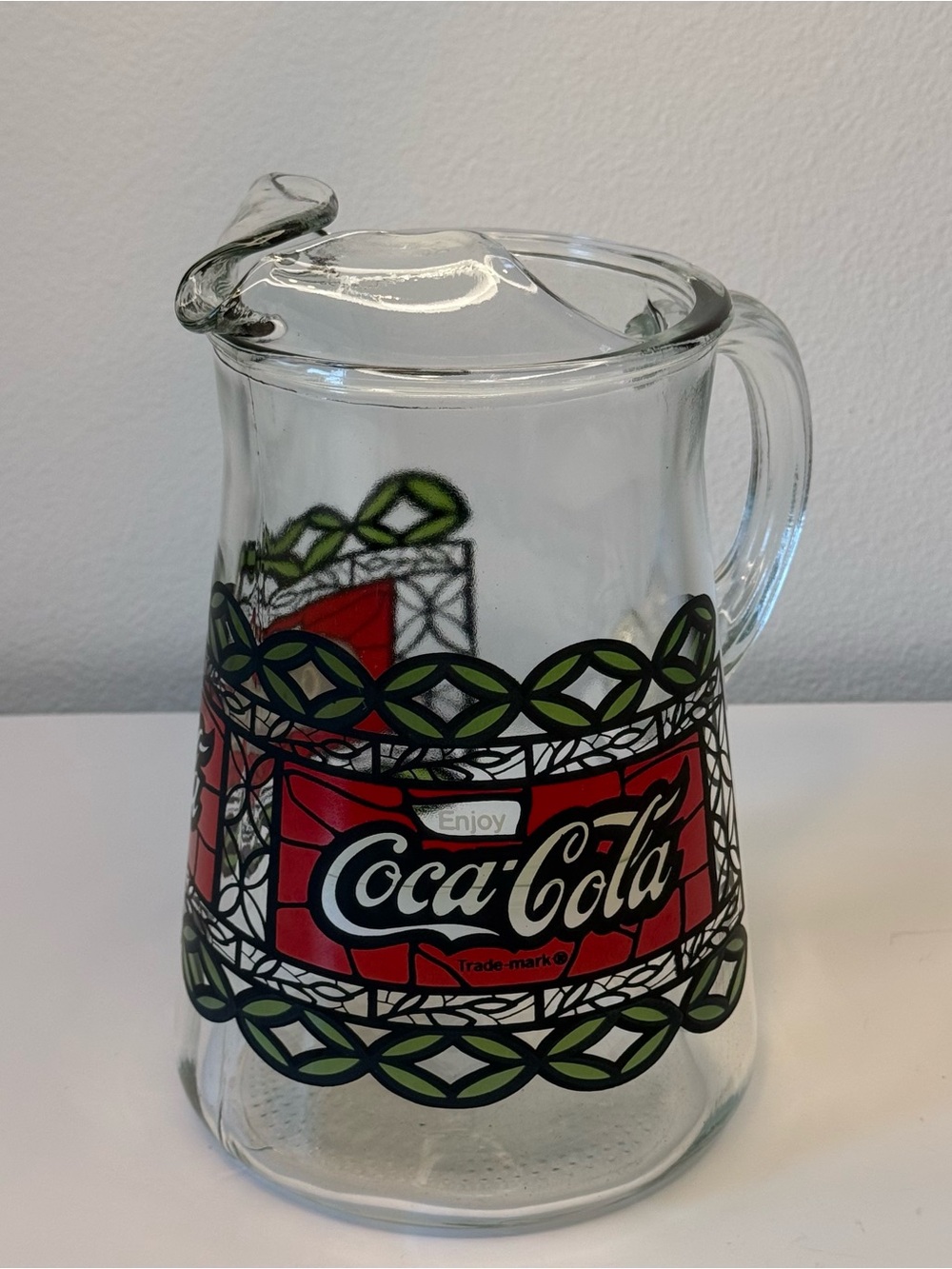 Vintage Coca-Cola Glass Pitcher With Lid Retro Stained Glass Style